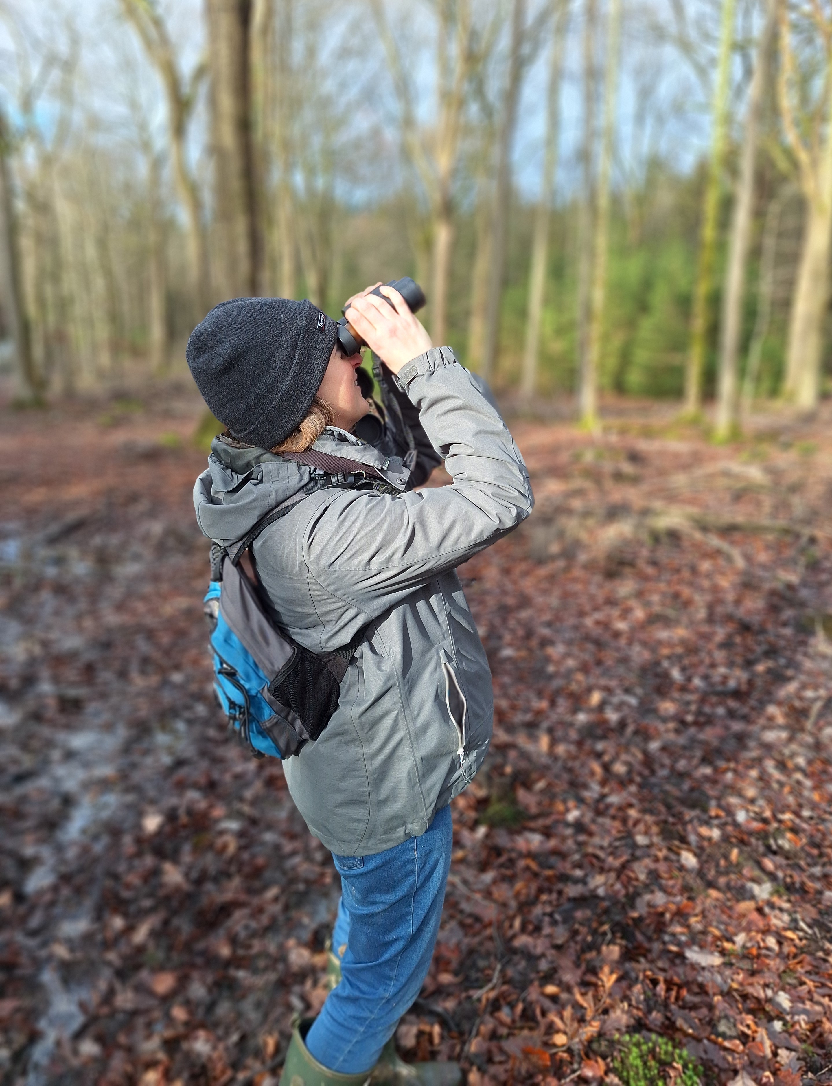 Liz Drewitt watching birds in the forest